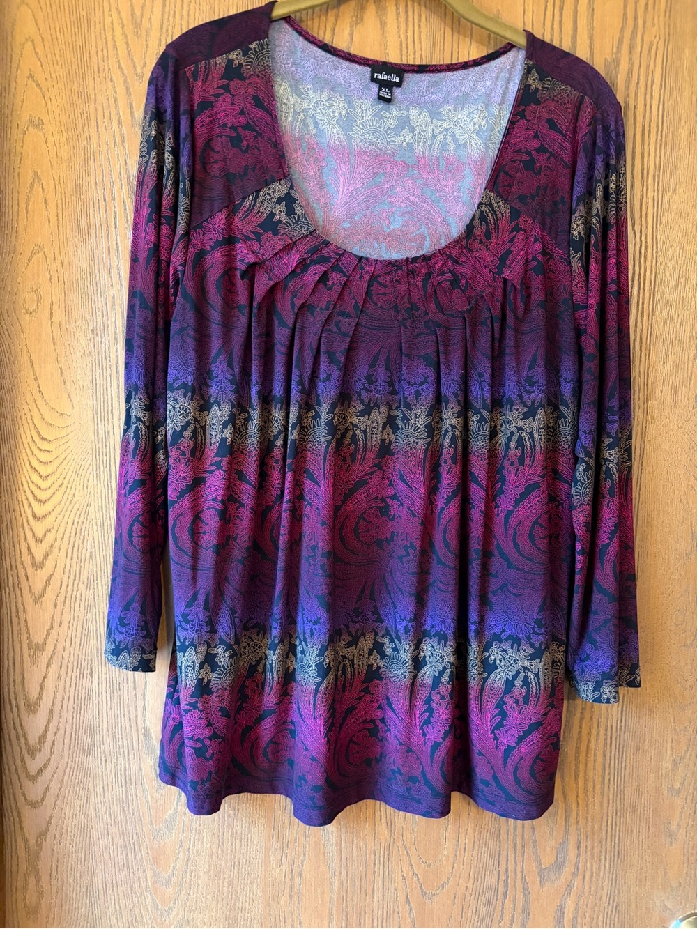Rafaella Women's 3/4 Sleeve Scoop Neck Printed Top - Purple, Black multi, Sz X
